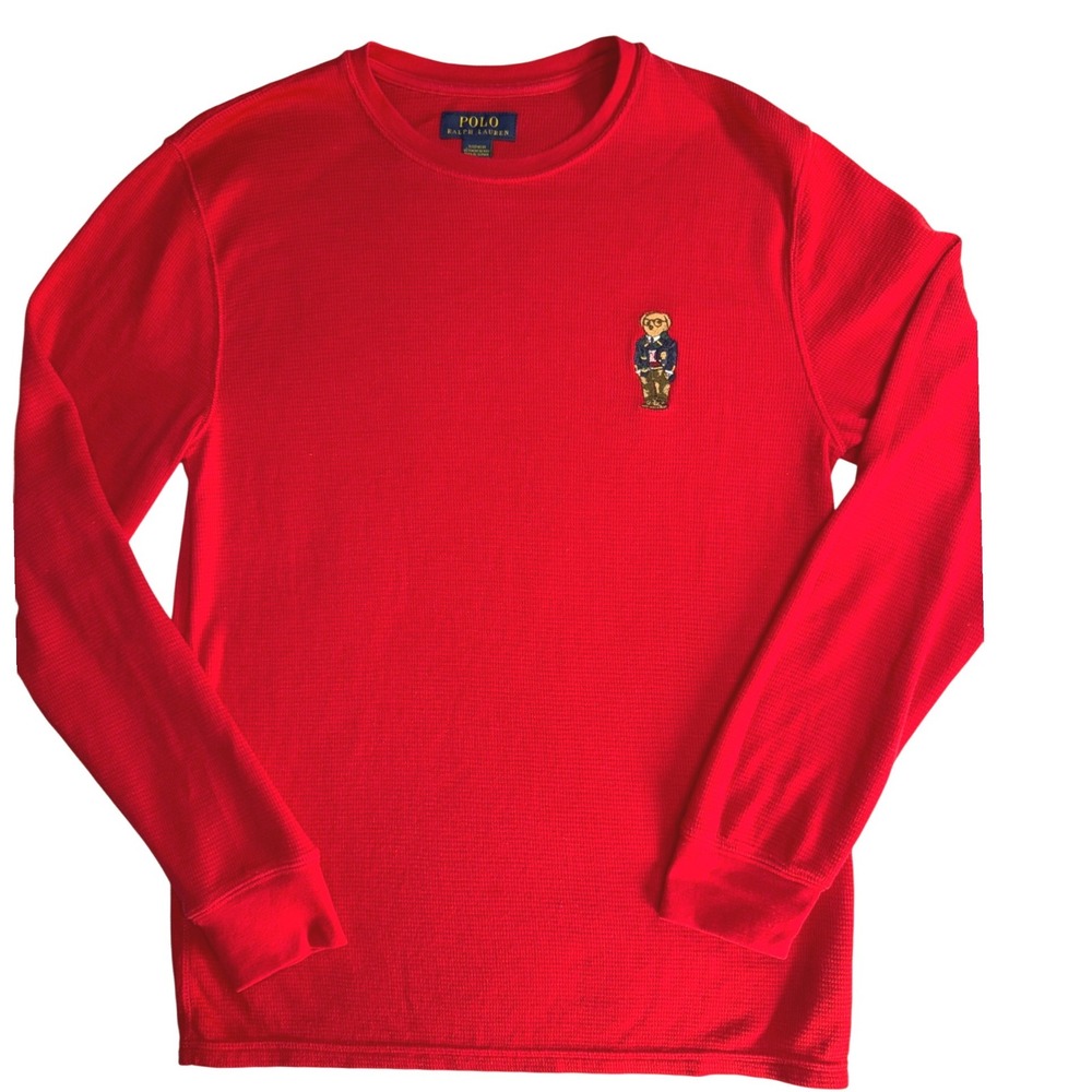 Polo Ralph Lauren Mens Red Waffle Knit Polo Bear Sleepwear Thermal Shirt Medium